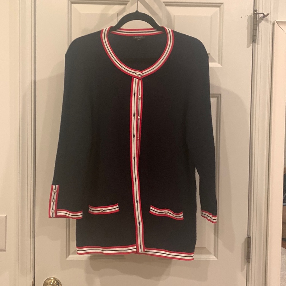 Navy cotton sweater with red and white trim with pearl buttons